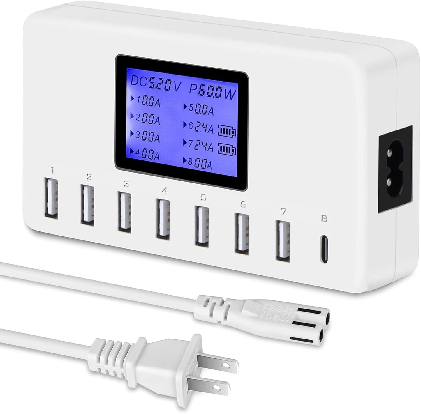 USB Charger, 60W 12A 8-Port USB Charging Station Multi Port USB Hub Charger Compact Size LCD Display Compatible with Iphone Ipad Samsung Kindle Tablet Bluetooth Earbuds and More
