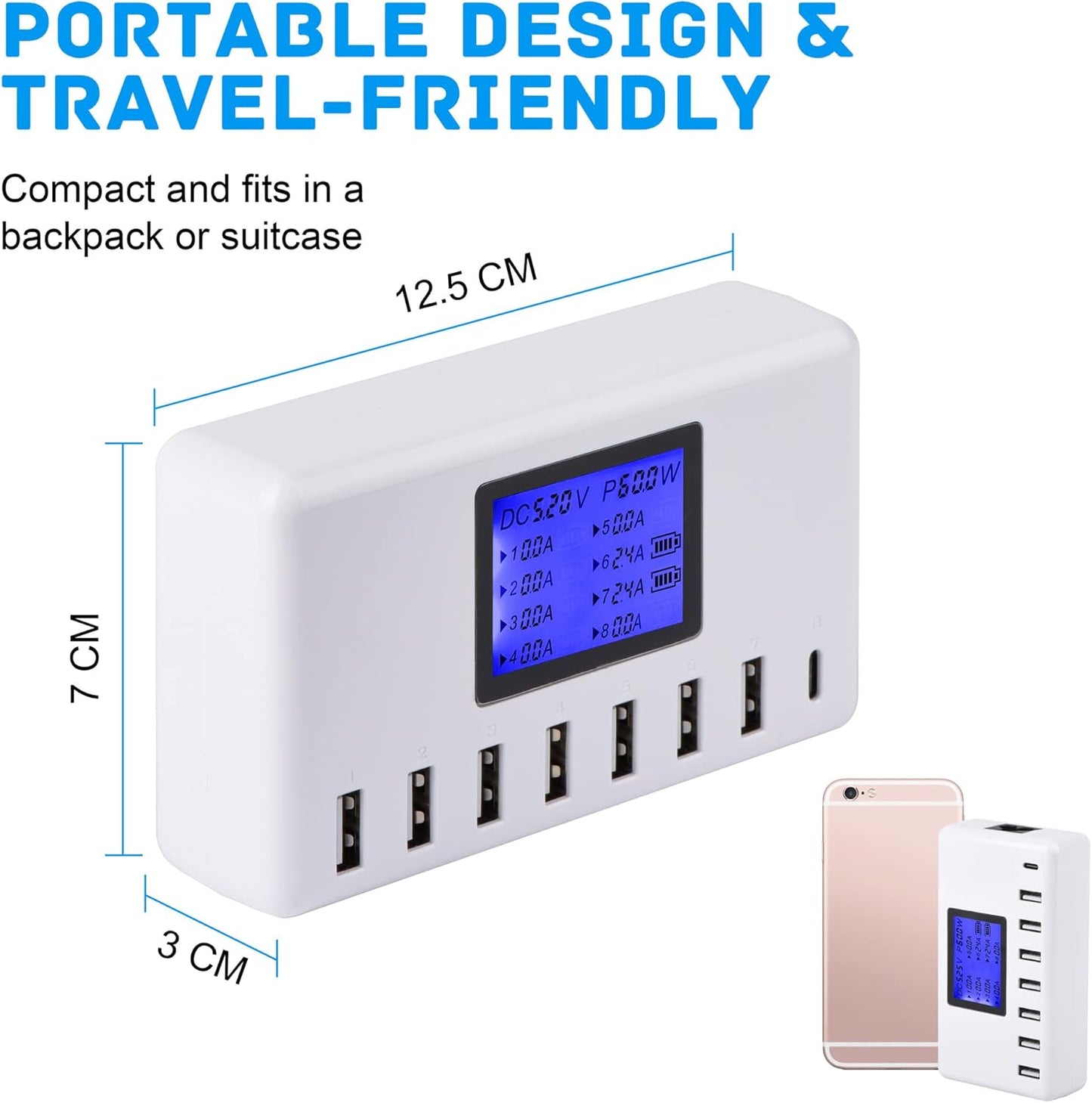USB Charger, 60W 12A 8-Port USB Charging Station Multi Port USB Hub Charger Compact Size LCD Display Compatible with Iphone Ipad Samsung Kindle Tablet Bluetooth Earbuds and More