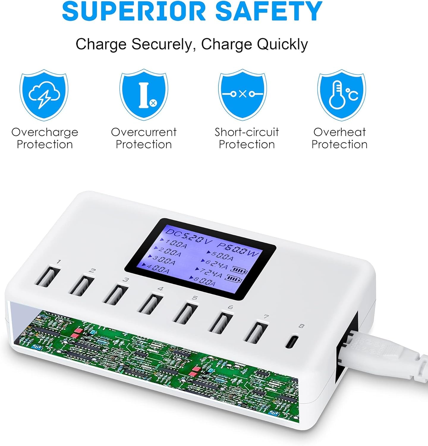 USB Charger, 60W 12A 8-Port USB Charging Station Multi Port USB Hub Charger Compact Size LCD Display Compatible with Iphone Ipad Samsung Kindle Tablet Bluetooth Earbuds and More
