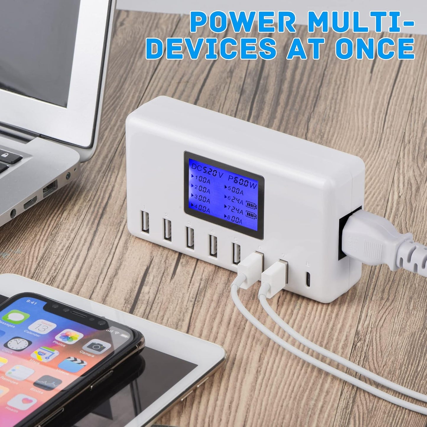 USB Charger, 60W 12A 8-Port USB Charging Station Multi Port USB Hub Charger Compact Size LCD Display Compatible with Iphone Ipad Samsung Kindle Tablet Bluetooth Earbuds and More