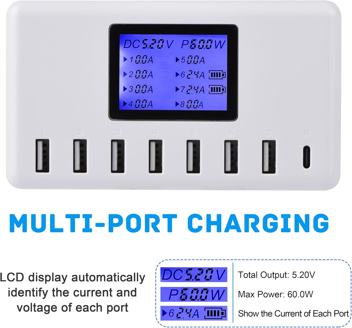 USB Charger, 60W 12A 8-Port USB Charging Station Multi Port USB Hub Charger Compact Size LCD Display Compatible with Iphone Ipad Samsung Kindle Tablet Bluetooth Earbuds and More