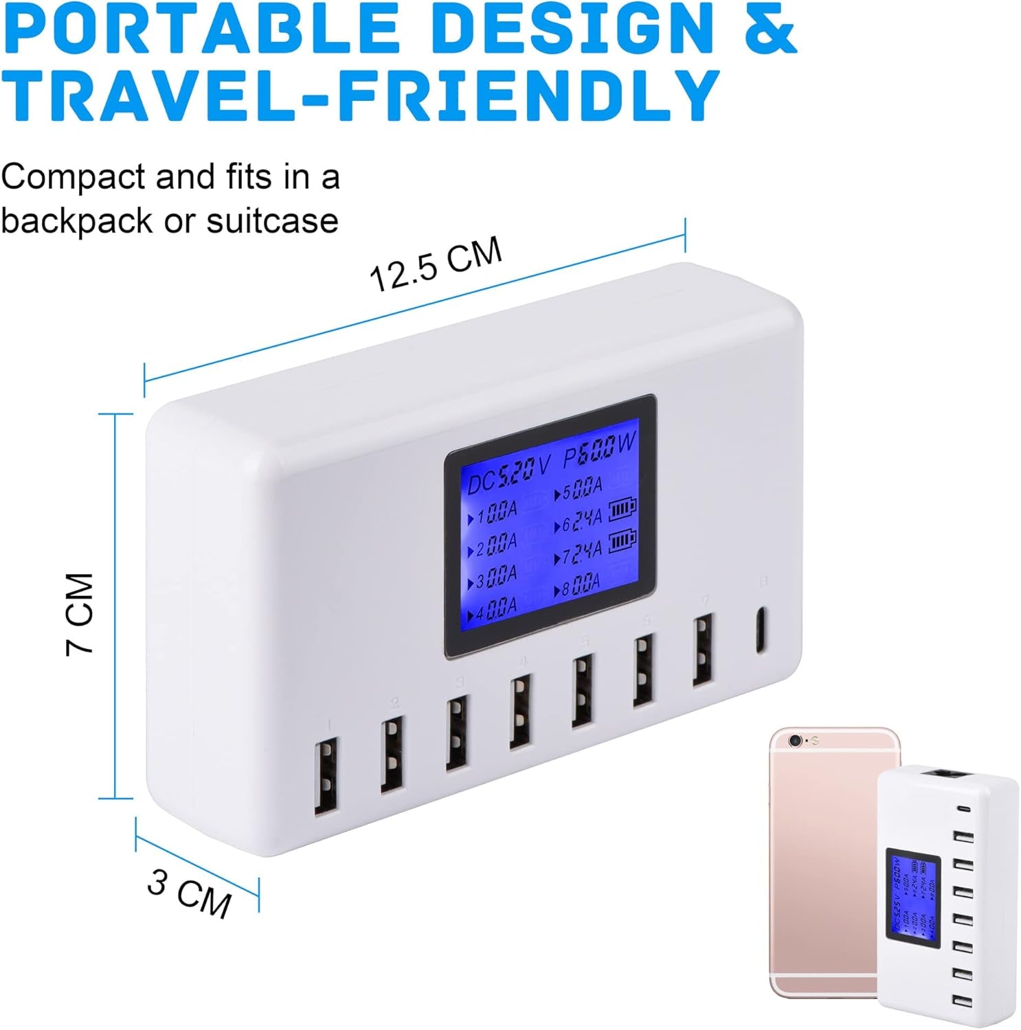 USB Charger,  60W 12A 8-Port USB Charging Station Multi Port USB Hub Charger Compact Size LCD Display Compatible with Iphone Ipad Samsung Kindle Tablet Bluetooth Earbuds and More