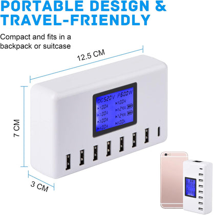 USB Charger,  60W 12A 8-Port USB Charging Station Multi Port USB Hub Charger Compact Size LCD Display Compatible with Iphone Ipad Samsung Kindle Tablet Bluetooth Earbuds and More