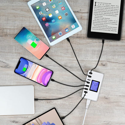 USB Charger,  60W 12A 8-Port USB Charging Station Multi Port USB Hub Charger Compact Size LCD Display Compatible with Iphone Ipad Samsung Kindle Tablet Bluetooth Earbuds and More