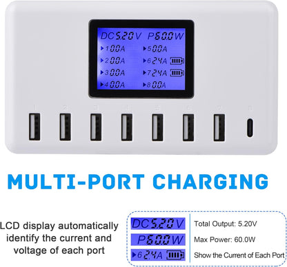 USB Charger,  60W 12A 8-Port USB Charging Station Multi Port USB Hub Charger Compact Size LCD Display Compatible with Iphone Ipad Samsung Kindle Tablet Bluetooth Earbuds and More